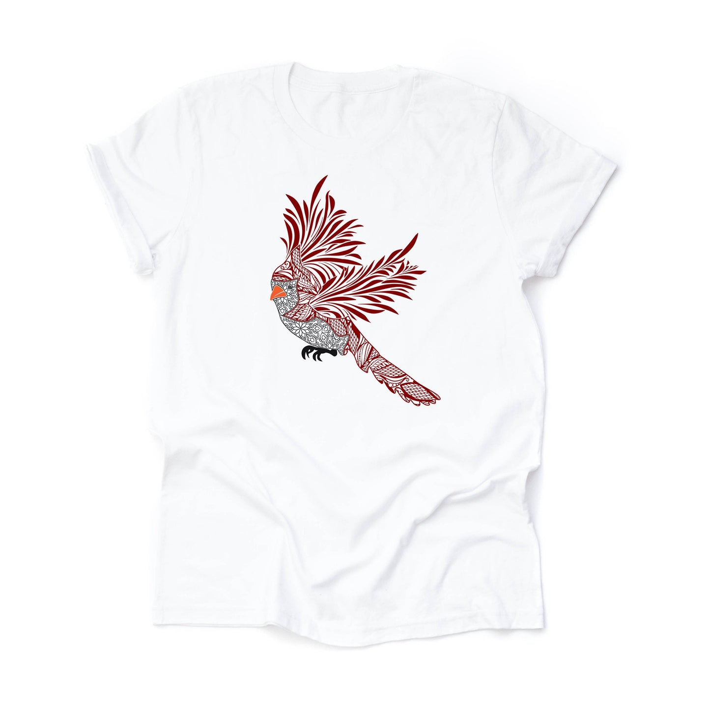 Cardinal Bird Tee, Pretty Cardinal Mandala, Red Bird Design on premium Bella + Canvas unisex shirt, 3 color choices, plus sizes available