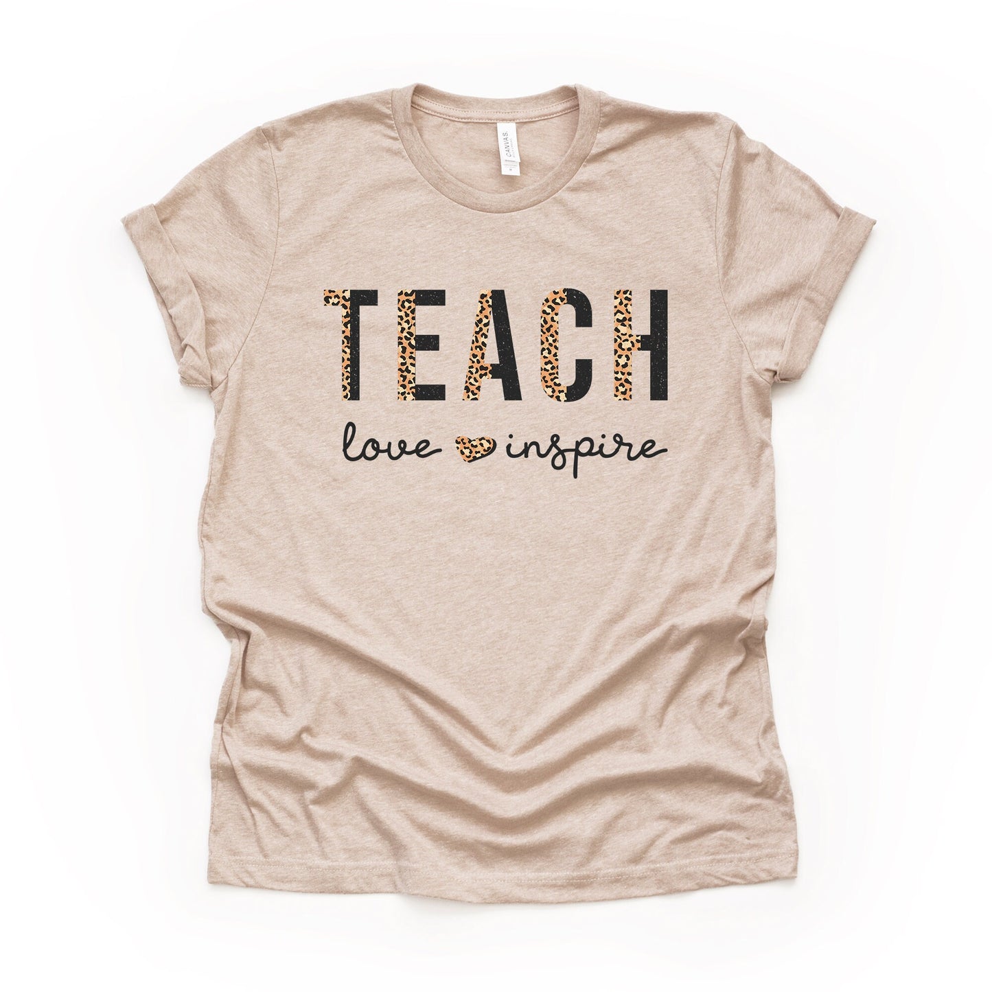 School Teacher Shirt, Teach, Love, Inspire, Leopard Print Teacher Design on premium Bella + Canvas unisex shirt, 3 color choices, plus size