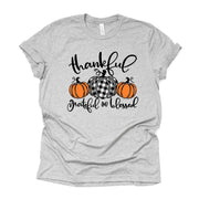 Thankful, Grateful, Blessed, Orange Pumpkins and Black and White Plaid Pumpkin Design on premium unisex shirt, 3 color choices, plus size