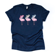 Flamingo Tee, Three Flamingos with Striped Hats Design on premium unisex shirt, 3 color choices, 2X, 3X, 4X, plus sizes available