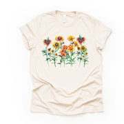 Summer Wildflowers, Pretty Yellow, Orange and Red Wildflowers Design, premium unisex shirt, 4 color choices, 2X, 3X, 4X, plus sizes