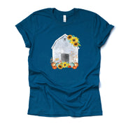 Fall Sunflowers Tee, Old Barn with Sunflowers and Pumpkins, Wooden Barn Design on premium unisex shirt, 3 color choices, 3x fall, 4x fall
