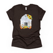 Fall Sunflowers Tee, Old Barn with Sunflowers and Pumpkins, Wooden Barn Design on premium unisex shirt, 3 color choices, 3x fall, 4x fall