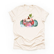 Thankful Tee, Pretty Pastel Pumpkins with Flowers, Thankful, Thanksgiving Design on premium unisex shirt, 3 color choices, 3x fall, 4x fall