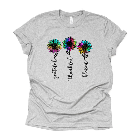 Sunflower Shirt, Thankful, Grateful, Blessed Tie Dye Sunflowers Design on premium unisex shirt, 3 color choices, 3x, 4x, plus sizes