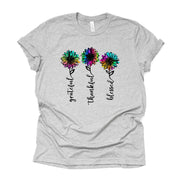 Sunflower Shirt, Thankful, Grateful, Blessed Tie Dye Sunflowers Design on premium unisex shirt, 3 color choices, 3x, 4x, plus sizes