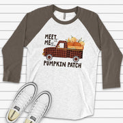 Fall Raglan, Cute Plaid Truck with Pumpkins, Meet Me at the Pumpkin Patch Design on premium Raglan 3/4 sleeve shirt, plus size, 2X, 3X