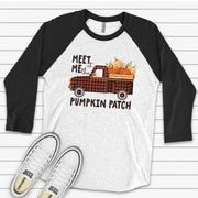 Fall Raglan, Cute Plaid Truck with Pumpkins, Meet Me at the Pumpkin Patch Design on premium Raglan 3/4 sleeve shirt, plus size, 2X, 3X