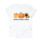 Fall Tee, Grateful, Thankful, Blessed Tee, Leaf, Pumpkin and Sunflower Design on premium unisex shirt, 3 color choices, 3x fall, 4x fall