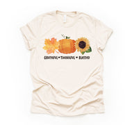 Fall Tee, Grateful, Thankful, Blessed Tee, Leaf, Pumpkin and Sunflower Design on premium unisex shirt, 3 color choices, 3x fall, 4x fall