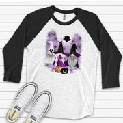 Halloween Gnomes Raglan, Cute Ghost Gnome, Witch Gnome and Vampire Gnome Design on premium Raglan 3/4 sleeve shirt, plus size, 2X, 3X