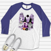 Halloween Gnomes Raglan, Cute Ghost Gnome, Witch Gnome and Vampire Gnome Design on premium Raglan 3/4 sleeve shirt, plus size, 2X, 3X