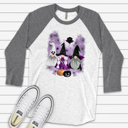 Halloween Gnomes Raglan, Cute Ghost Gnome, Witch Gnome and Vampire Gnome Design on premium Raglan 3/4 sleeve shirt, plus size, 2X, 3X