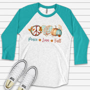 Fall Plaid Heart & Pumpkin Raglan, Cute PEACE, LOVE, FALL, Vine Peace Sign Design on premium Raglan 3/4 sleeve shirt, plus size, 2X, 3X