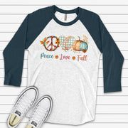 Fall Plaid Heart & Pumpkin Raglan, Cute PEACE, LOVE, FALL, Vine Peace Sign Design on premium Raglan 3/4 sleeve shirt, plus size, 2X, 3X