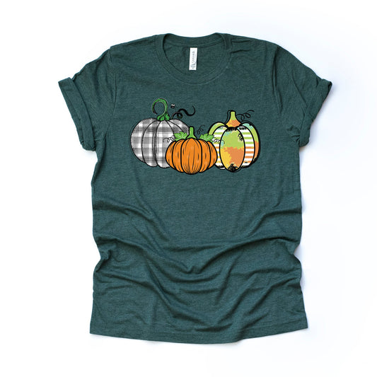 Fall and Pumpkins Tee, Cute 3 Pumpkins, Gray plaid Pumpkin, Watercolor Pumpkin Design on premium unisex shirt, 3 color choices, plus size