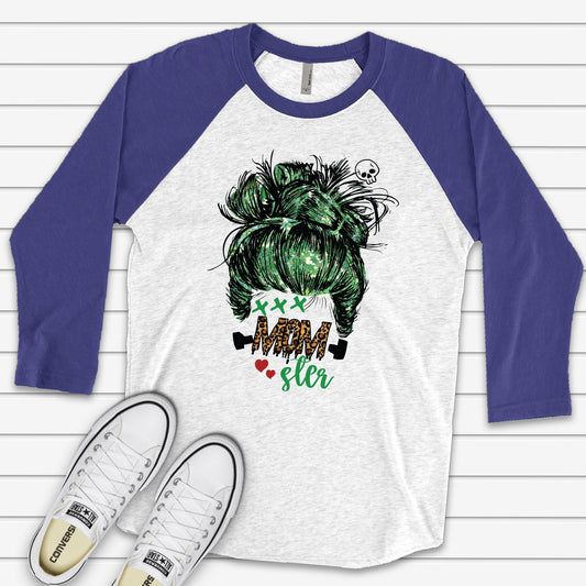 Halloween Raglan, Monster Messy Bun Costume, Mom Costume, Messy Bun Mom Design on premium Raglan 3/4 sleeve shirt, plus size, 2X, 3X