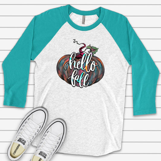 Fall Pumpkin Raglan, Colorful and Watercolor Pumpkin wtih Hello Fall Design on premium Raglan 3/4 sleeve shirt, plus size, 2X, 3X
