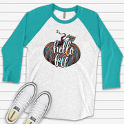 Fall Pumpkin Raglan, Colorful and Watercolor Pumpkin wtih Hello Fall Design on premium Raglan 3/4 sleeve shirt, plus size, 2X, 3X