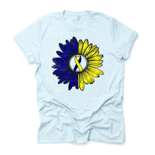 Down Syndrome Awareness Tee, T21 Down Syndrome Sunflower with Ribbon Design on premium unisex shirt, 3 color choices, plus sizes