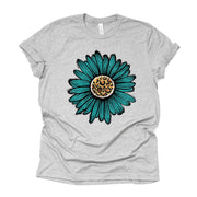 Sunflower Tee, Super Cute Teal with Leopard Print Sunflower Design on premium unisex shirt, 3 color choices, 3x, 4x, plus sizes available