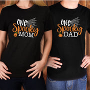 Matching Couples Mom and Dad, One Spooky Mom, One Spooky Dad Design on premium unisex shirts, matching parents, 2X, 3X, 4X, plus sizes