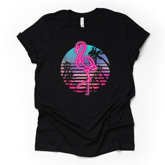 Flamingo Tee, Super Fun Retro 80s Flamingo, Neon Flamingo and Palm Trees Design, premium unisex shirt, 3 color choices, plus sizes available