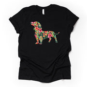 Dog Shirt, Super Cute Floral Dachshund, Floral Dog design on premium unisex shirt, 3 color choices, 2X, 3X, 4X, plus sizes available