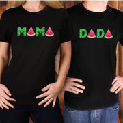 Watermelon Mama or Dada, Cute Mom and Dad Couple Watermelon Design on premium unisex shirt, 3 color choices, 3x, 4x, plus sizes available