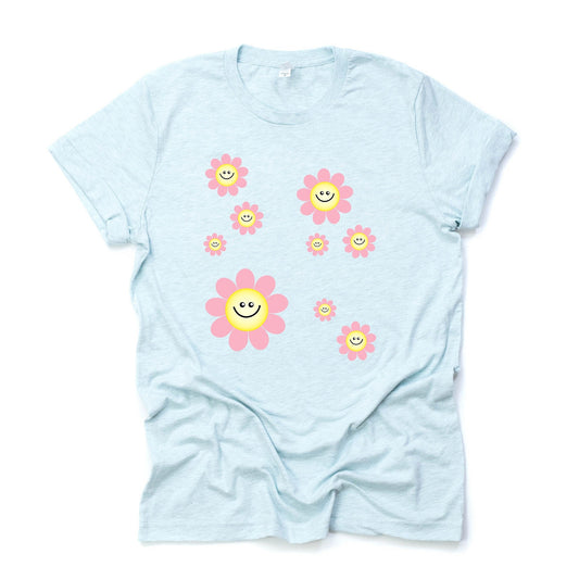 Cute Pink Flowers, Smiling Flowers, Pink Daisies Design on premium Bella + Canvas unisex shirt, 3 color choices, plus sizes