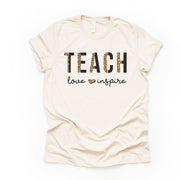 School Teacher Shirt, Teach, Love, Inspire, Leopard Print Teacher Design on premium Bella + Canvas unisex shirt, 3 color choices, plus size