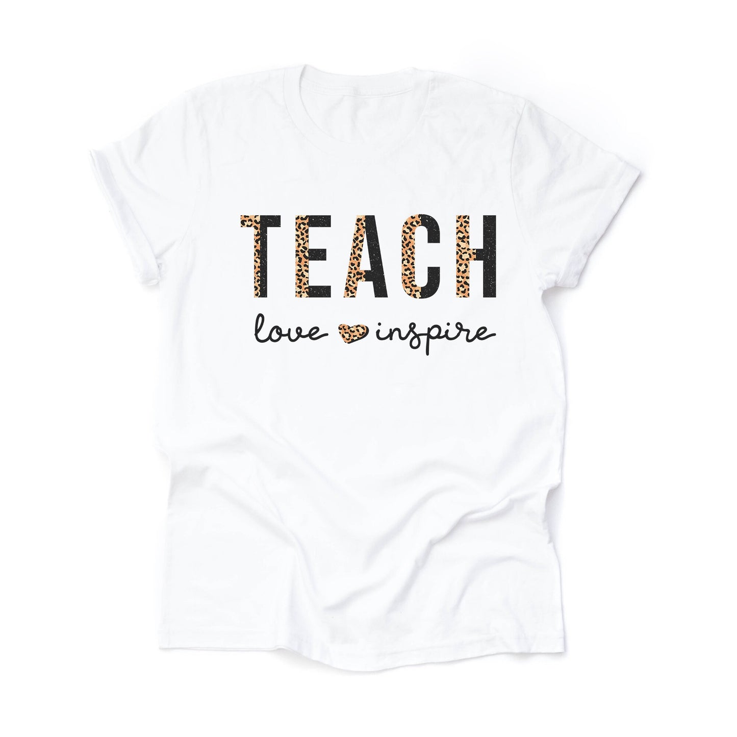 School Teacher Shirt, Teach, Love, Inspire, Leopard Print Teacher Design on premium Bella + Canvas unisex shirt, 3 color choices, plus size