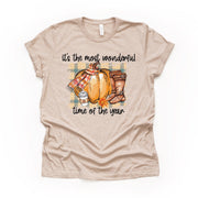 Fall Tee, It's The Most Wonderful Time of the Year Fall Pumpkin, Pumpkin in Scarf Design on premium unisex shirt, 5 color choices, plus size