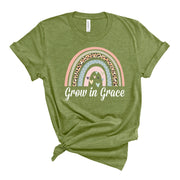 Christian Tee, Boho Rainbow Grow in Grace design on premium unisex shirt, 4 color choices, 2X, 3X, 4X, Christian plus size