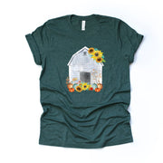 Fall Sunflowers Tee, Old Barn with Sunflowers and Pumpkins, Wooden Barn Design on premium unisex shirt, 3 color choices, 3x fall, 4x fall