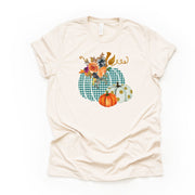 Fall Pumpkin Tee, Pretty Green Plaid Pumpkin with Flowers and Polka Dots Design on premium unisex shirt, 4 color choices, 3x fall, 4x fall