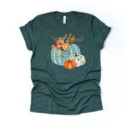 Fall Pumpkin Tee, Pretty Green Plaid Pumpkin with Flowers and Polka Dots Design on premium unisex shirt, 4 color choices, 3x fall, 4x fall