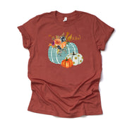 Fall Pumpkin Tee, Pretty Green Plaid Pumpkin with Flowers and Polka Dots Design on premium unisex shirt, 4 color choices, 3x fall, 4x fall