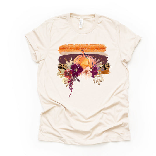 Fall Tee, Unique Fall Pumpkin, Flowers and Copper Brush Strokes Design on premium unisex shirt, 3 color choices, 3x fall, 4x fall