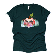 Thankful Tee, Pretty Pastel Pumpkins with Flowers, Thankful, Thanksgiving Design on premium unisex shirt, 3 color choices, 3x fall, 4x fall