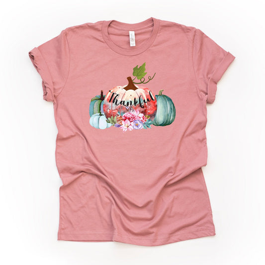 Thankful Tee, Pretty Pastel Pumpkins with Flowers, Thankful, Thanksgiving Design on premium unisex shirt, 3 color choices, 3x fall, 4x fall