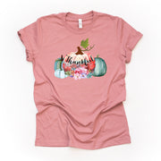 Thankful Tee, Pretty Pastel Pumpkins with Flowers, Thankful, Thanksgiving Design on premium unisex shirt, 3 color choices, 3x fall, 4x fall