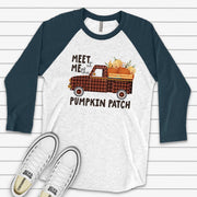 Fall Raglan, Cute Plaid Truck with Pumpkins, Meet Me at the Pumpkin Patch Design on premium Raglan 3/4 sleeve shirt, plus size, 2X, 3X