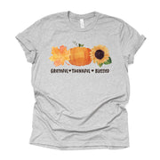 Fall Tee, Grateful, Thankful, Blessed Tee, Leaf, Pumpkin and Sunflower Design on premium unisex shirt, 3 color choices, 3x fall, 4x fall