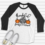 Fall Raglan, Thankful, Grateful, Blessed, Plaid Pumpkins and Orange Pumpkin Design on premium Raglan 3/4 sleeve shirt, plus size, 2X, 3X