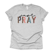 Christian Tee, Just Pray, Pray leopard print design on premium unisex shirt, 3 color choices, 2X, 3X, 4X, plus size