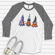 Halloween Raglan, Super Cute Witch Gnomes, Gnomes in Halloween Costume Design on premium Raglan 3/4 sleeve shirt, plus size, 2X, 3X