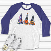 Halloween Raglan, Super Cute Witch Gnomes, Gnomes in Halloween Costume Design on premium Raglan 3/4 sleeve shirt, plus size, 2X, 3X