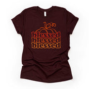 Fall Pumpkin Tee, Cute Retro 70s Style Blessed Pumpkin Design on premium unisex shirt, 4 color choices, 3x fall, 4x fall