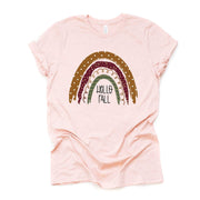 Fall RainbowTee, Cute Boho Fall Rainbow, Hello Fall Rainbow Design on premium unisex shirt, 4 color choices, 3x fall, 4x fall